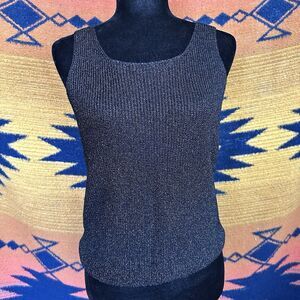 Vintage Suzelle Knit Black Metallic Silver Sleeveless Top! Small. Whimsygoth.